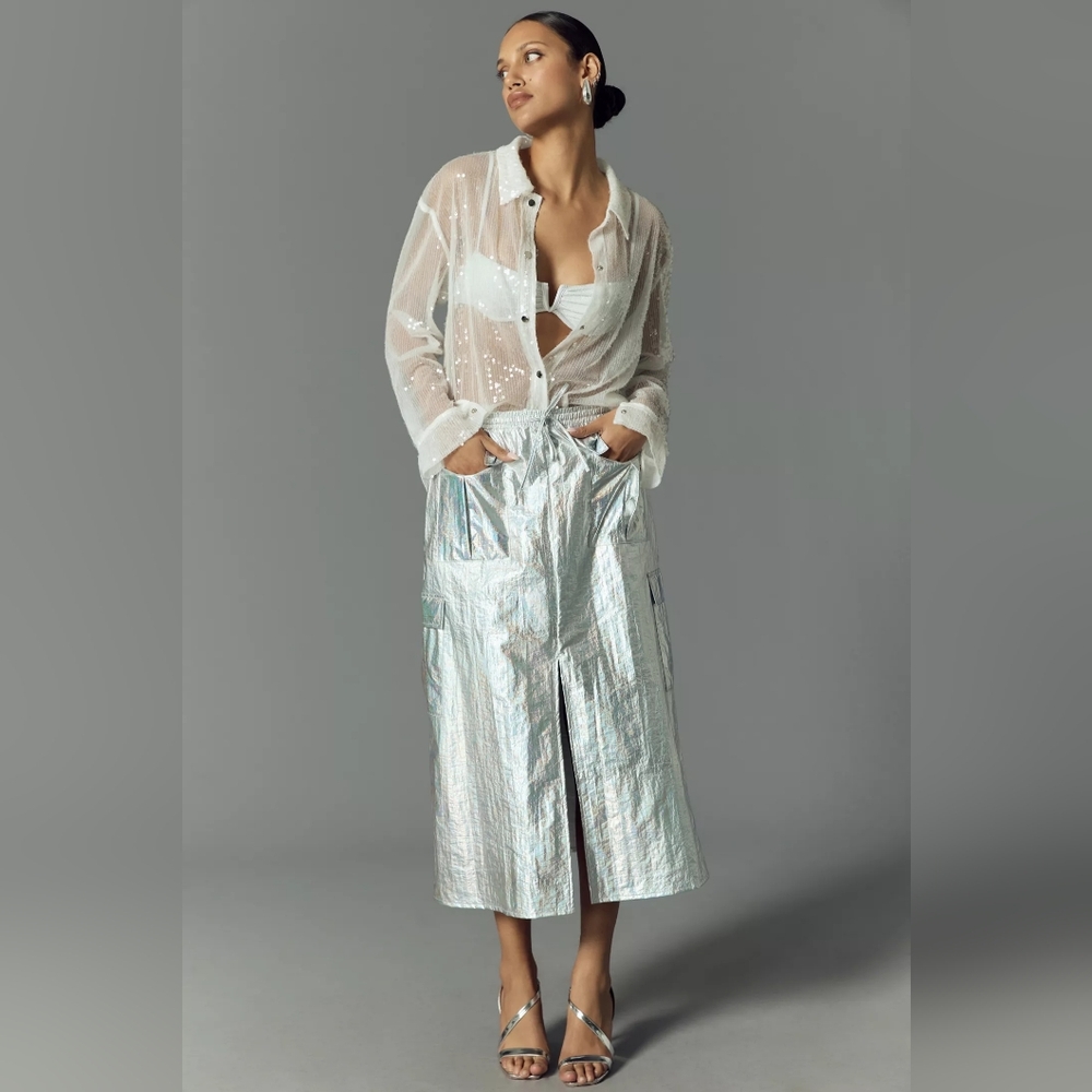Anthropologie Metallic Shine Silver Cargo Midi Skirt In S NWT